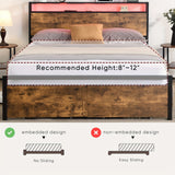 Double Bed Frame with Storage, Industrial Bed with Led Lights Headboard and 2 Drawers, Wooden Bed Frames with Charging Station, Noise Free, No Box Spring Needed, Easy Assembly, Rustic Brown - Top-Down View