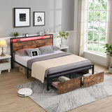 Queen Bed Frame with Storage, Industrial Bed with Led Lights Headboard and 2 Drawers, Wooden Bed Frames with Charging Station, Noise Free, No Box Spring Needed, Easy Assembly, Rustic Brown