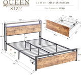 Queen Bed Frame with Storage, Industrial Bed with Led Lights Headboard and 2 Drawers, Wooden Bed Frames with Charging Station, Noise Free, No Box Spring Needed, Easy Assembly, Rustic Brown - Front View
