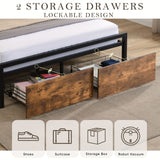 Queen Bed Frame with Storage, Industrial Bed with Led Lights Headboard and 2 Drawers, Wooden Bed Frames with Charging Station, Noise Free, No Box Spring Needed, Easy Assembly, Rustic Brown - 45-Degree Angle