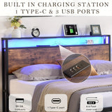 Queen Bed Frame with Storage, Industrial Bed with Led Lights Headboard and 2 Drawers, Wooden Bed Frames with Charging Station, Noise Free, No Box Spring Needed, Easy Assembly, Rustic Brown - Rear View