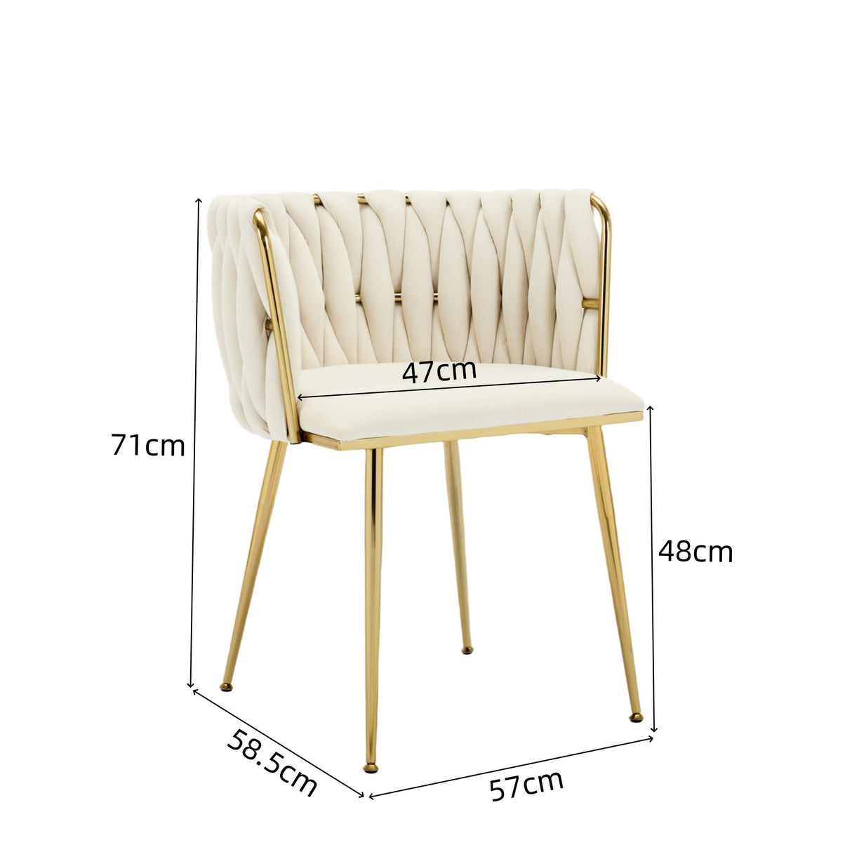 Set of 2 Velvet Upholstered Woven Dining Chairs with Golden Metal Legs, Beige