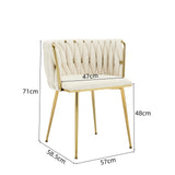 Set of 2 Velvet Upholstered Woven Dining Chairs with Golden Metal Legs, Beige - Front View
