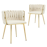 Set of 2 Velvet Upholstered Woven Dining Chairs with Golden Metal Legs, Beige - Side View