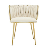Set of 2 Velvet Upholstered Woven Dining Chairs with Golden Metal Legs, Beige - Top-Down View