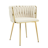 Set of 2 Velvet Upholstered Woven Dining Chairs with Golden Metal Legs, Beige - 45-Degree Angle