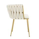 Set of 2 Velvet Upholstered Woven Dining Chairs with Golden Metal Legs, Beige - Rear View