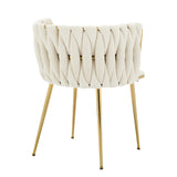 Set of 2 Velvet Upholstered Woven Dining Chairs with Golden Metal Legs, Beige - Close-Up Angle