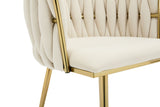 Set of 2 Velvet Upholstered Woven Dining Chairs with Golden Metal Legs, Beige - Low Angle