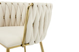 Set of 2 Velvet Upholstered Woven Dining Chairs with Golden Metal Legs, Beige - Extra Image