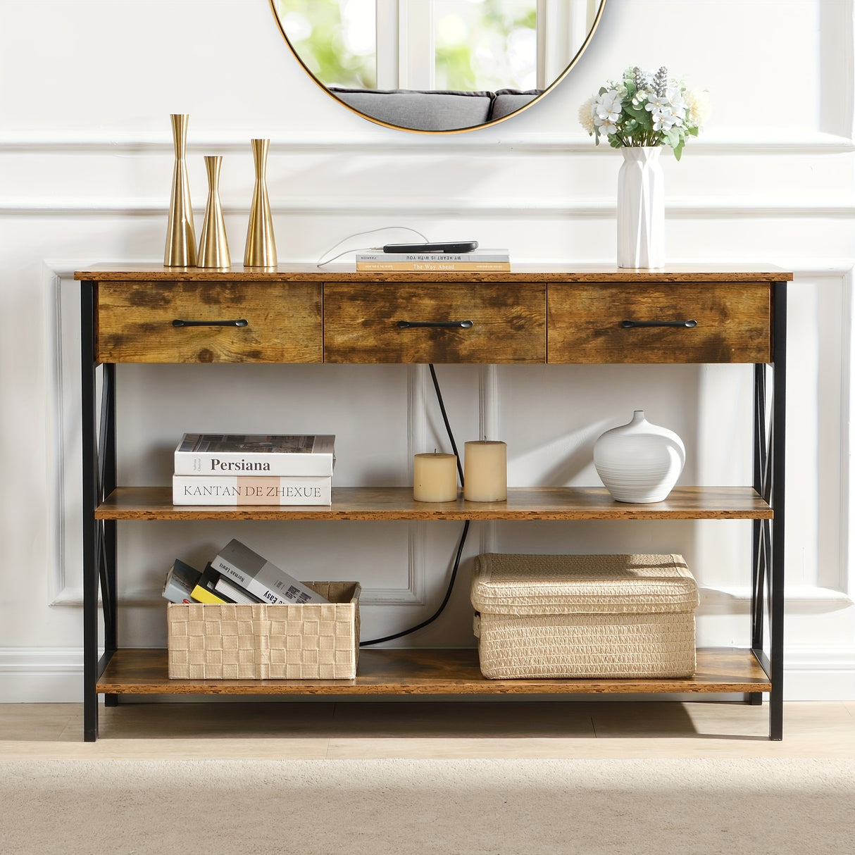 Console Table with 3 Drawers, Industrial Entryway Table with 3 Tier Storage Shelves
