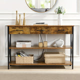 Console Table with 3 Drawers, Industrial Entryway Table with 3 Tier Storage Shelves - Front View