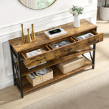 Console Table with 3 Drawers, Industrial Entryway Table with 3 Tier Storage Shelves - Rear View