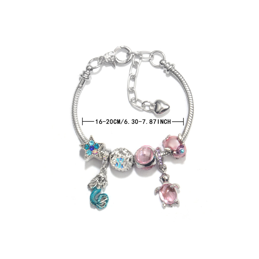 Rhinestone Star Alloy Bracelet with Mermaid & Turtle Charms Cute Pig & Glass Beads Jewelry(17cm)