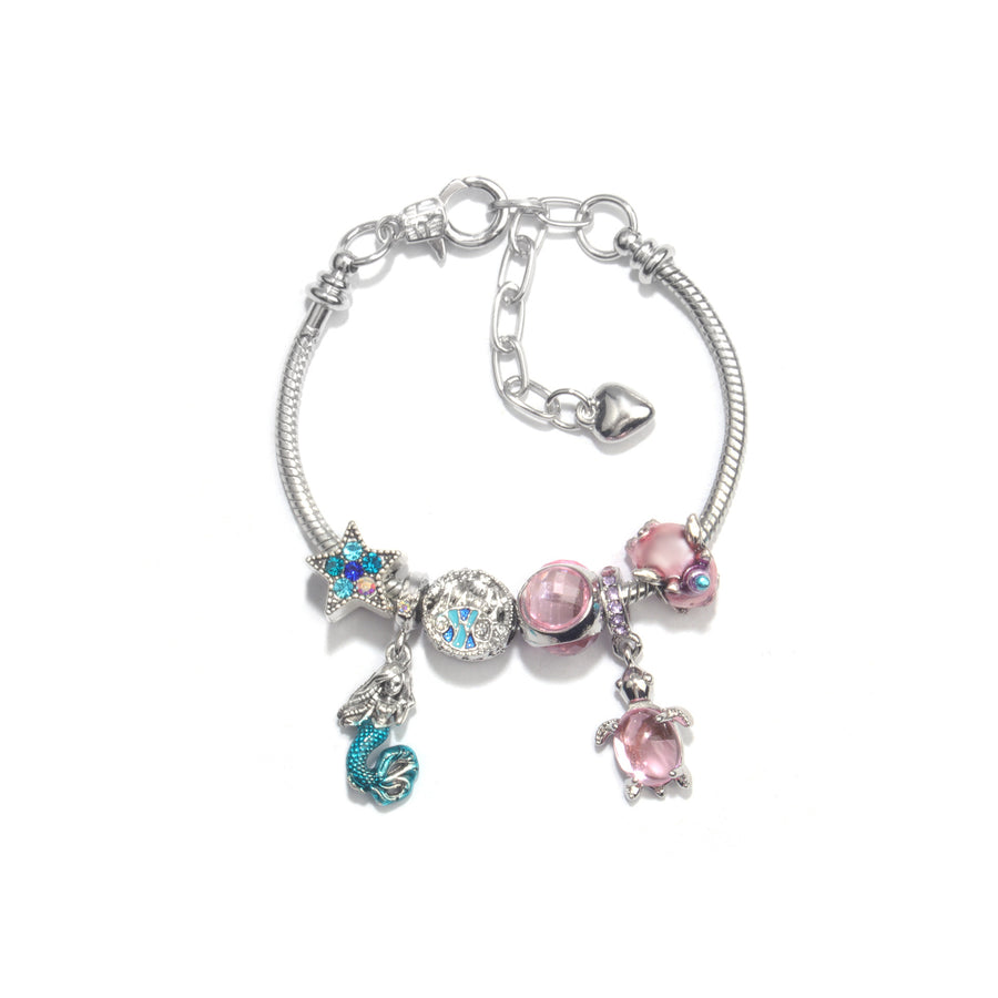 Rhinestone Star Alloy Bracelet with Mermaid & Turtle Charms Cute Pig & Glass Beads Jewelry(18cm)
