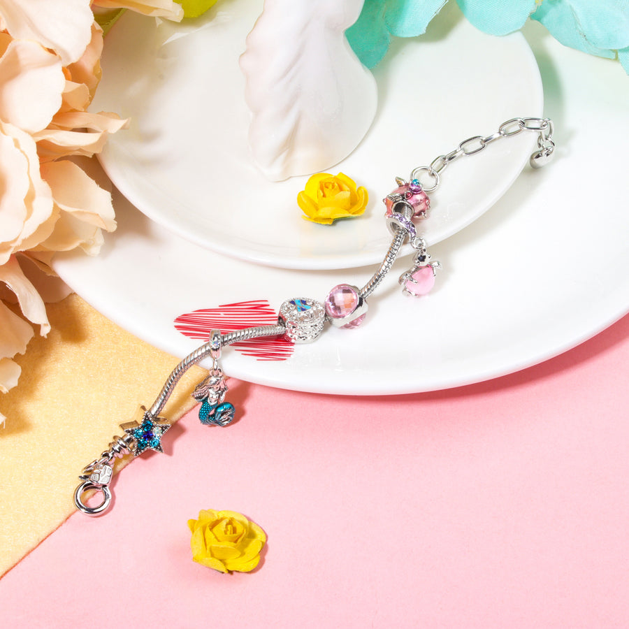 Rhinestone Star Alloy Bracelet with Mermaid & Turtle Charms Cute Pig & Glass Beads Jewelry(19cm)