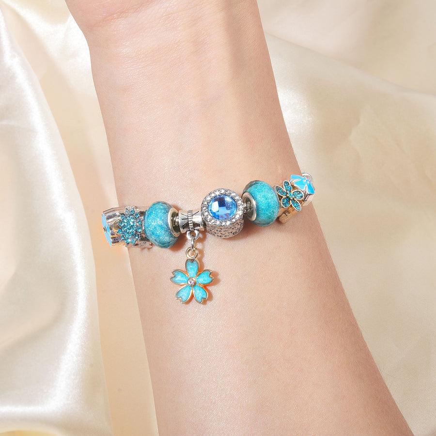 Blue Magnolia Alloy Bracelet with Rhinestones & Glaze Beads(17cm)