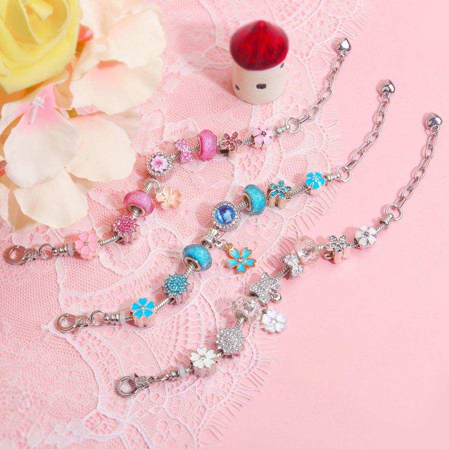 Blue Magnolia Alloy Bracelet with Rhinestones & Glaze Beads(17cm)