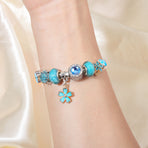 Blue Magnolia Alloy Bracelet with Rhinestones & Glaze Beads(19cm)