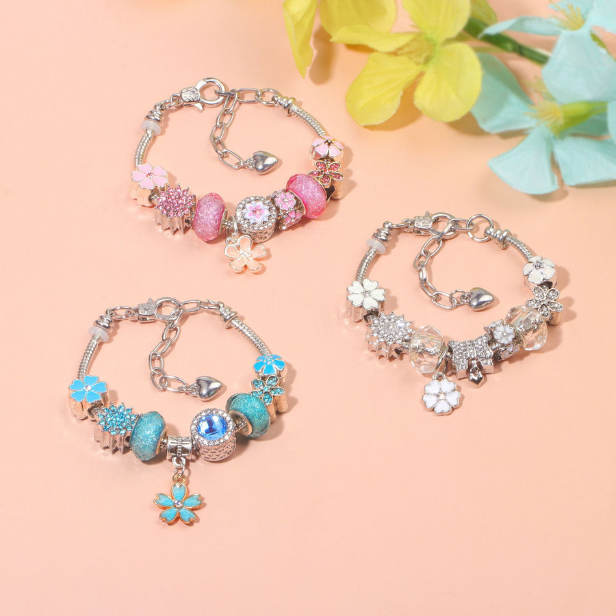 Blue Magnolia Alloy Bracelet with Rhinestones & Glaze Beads(19cm)