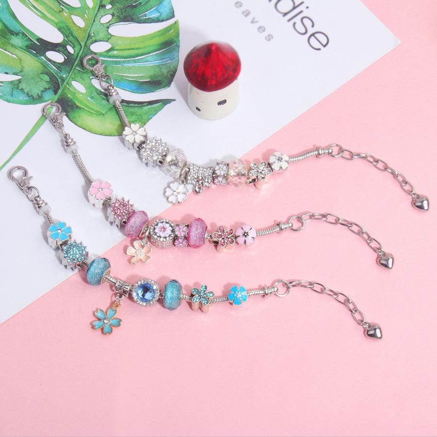 Blue Magnolia Alloy Bracelet with Rhinestones & Glaze Beads(19cm)