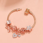 Hollow Out Crystal Flower Heart Bow Charm Bracelet(rose gold,19cm)
