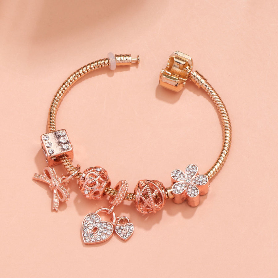Hollow Out Crystal Flower Heart Bow Charm Bracelet(rose gold,19cm)