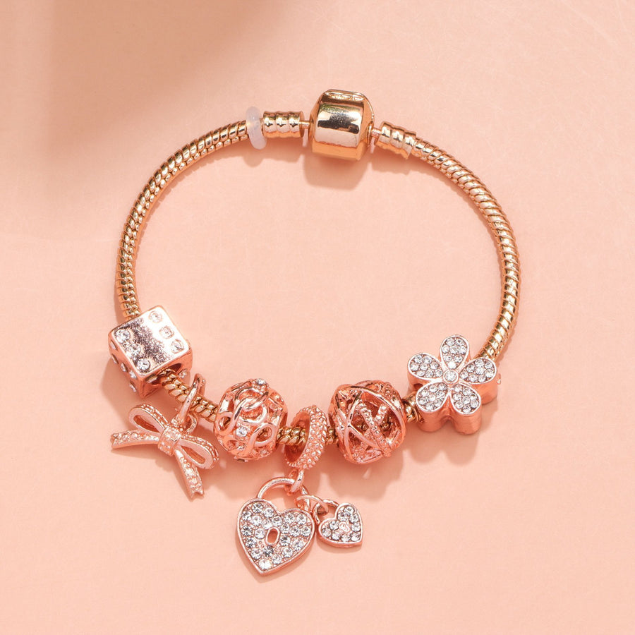 Hollow Out Crystal Flower Heart Bow Charm Bracelet(rose gold,19cm)
