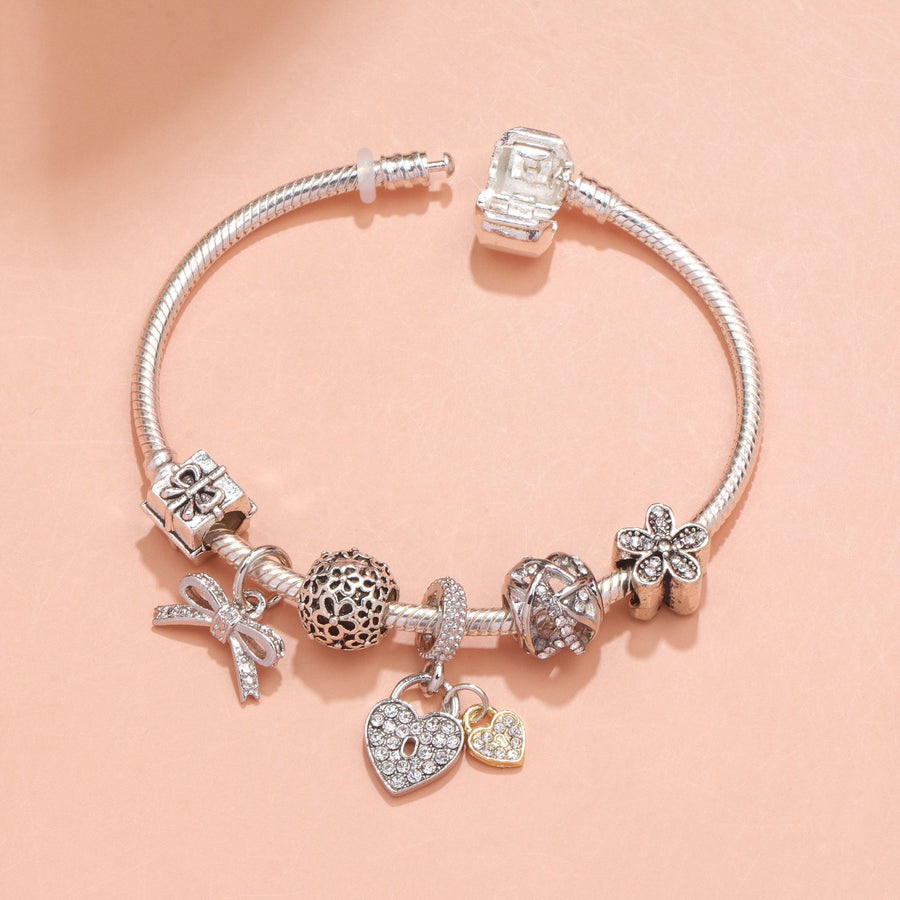 Hollow Out Crystal Flower Heart Bow Charm Bracelet(silver-toned,20cm)