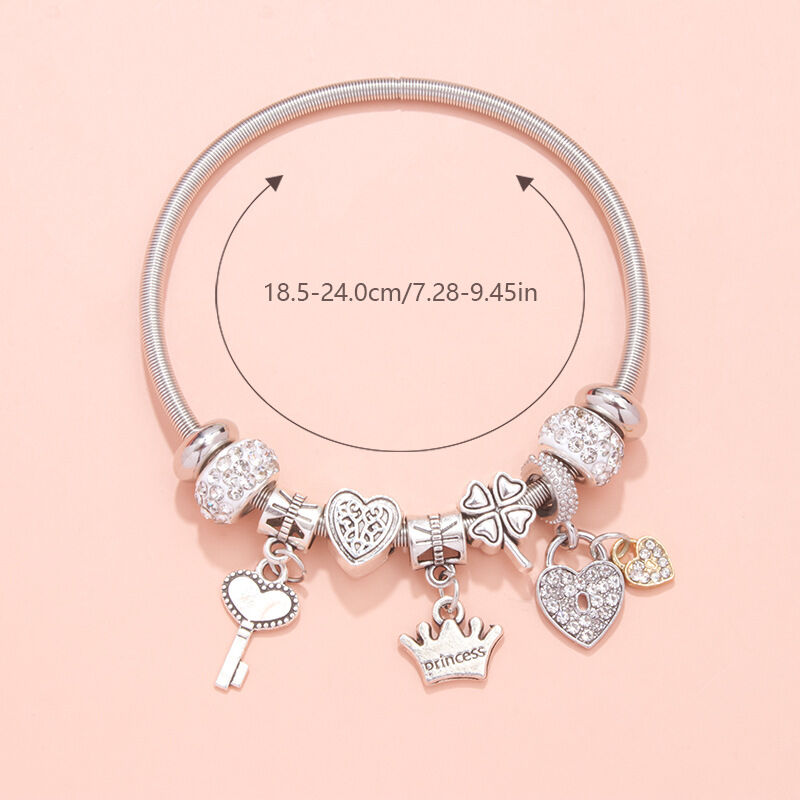 Charm Bracelet with Heart, Four-Leaf Clover & Rhinestone Beads(silver)
