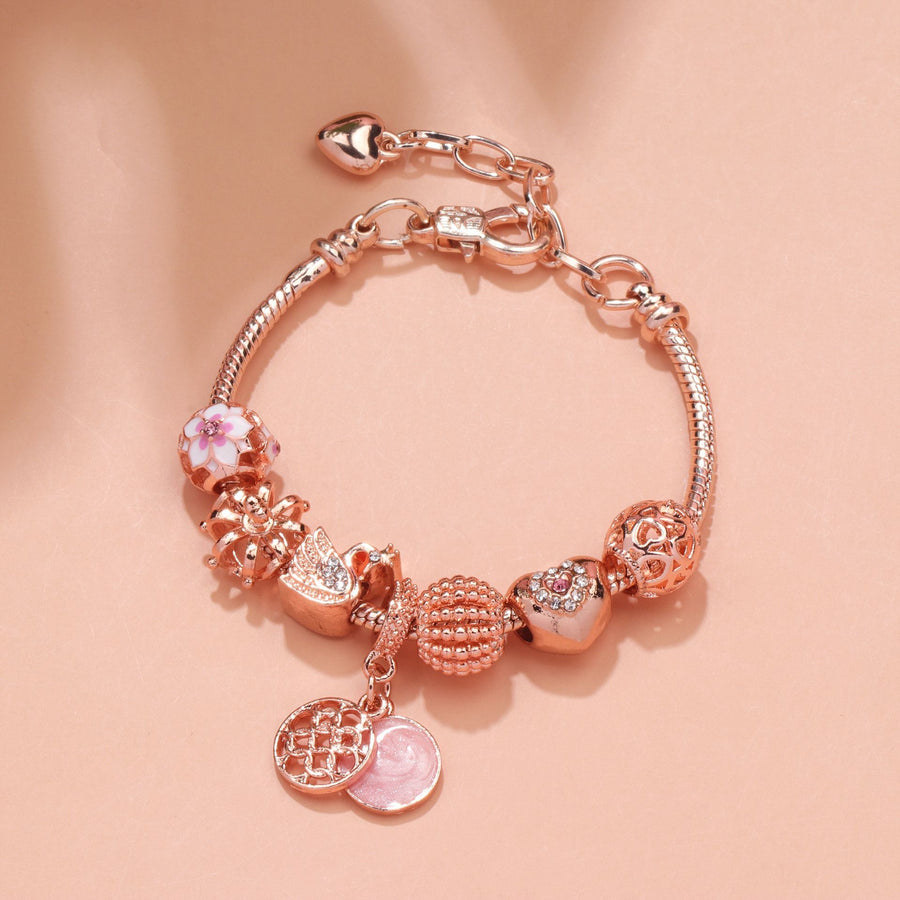 Hollow Crystal-Encrusted Swan Crown Flower Heart Bracelet(rose gold,20cm)