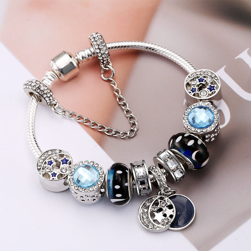 Blue Starry Sky Charm Bracelet with Moon & Star Pendant(20cm)