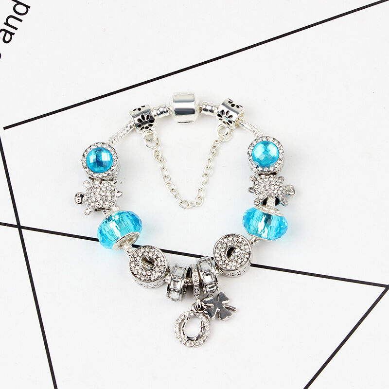 Charm Bracelet with Tortoise, Heart, Clover Pendant(Blue,19cm)
