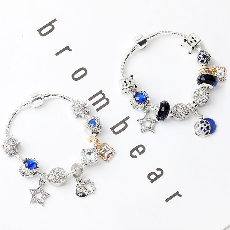Fashion Charm Bracelet with Snowflake, Crystal, Rhinestone Beads & Hollow Star Zircon Pendant(18cm)