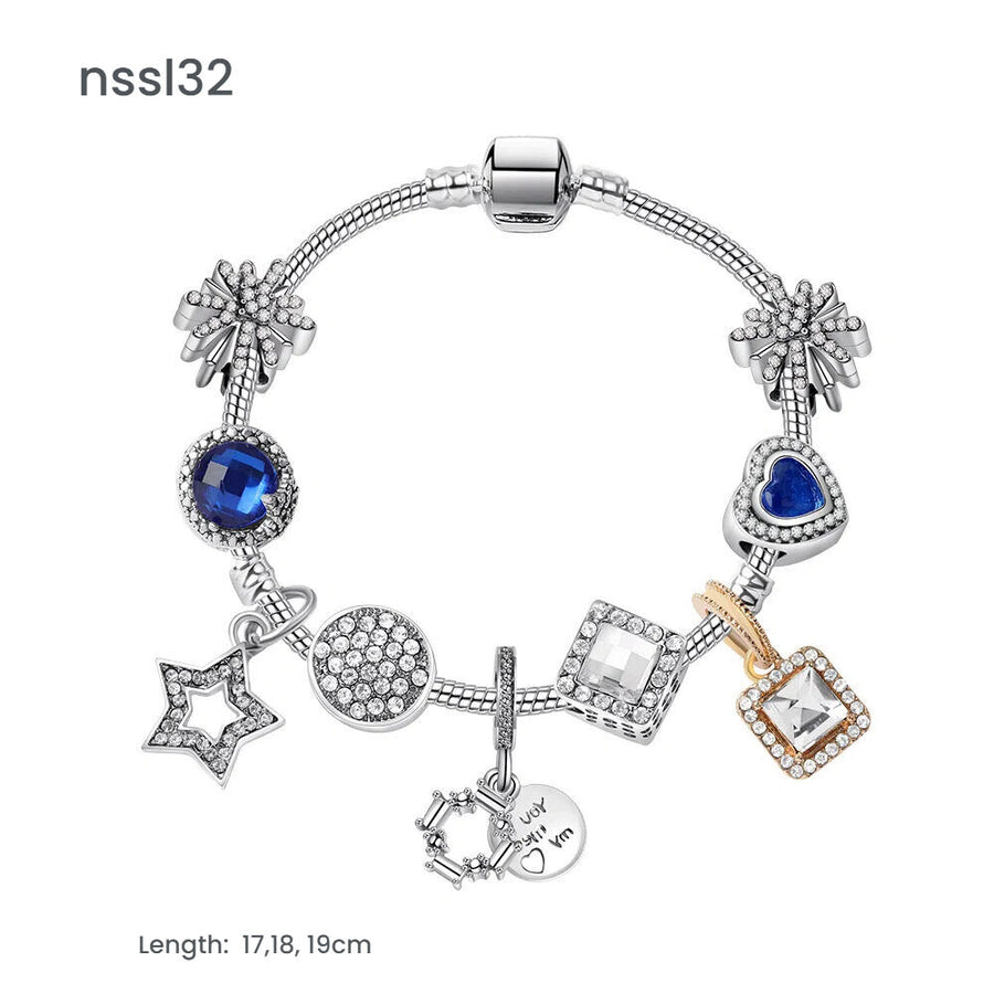 Fashion Charm Bracelet with Snowflake, Crystal, Rhinestone Beads & Hollow Star Zircon Pendant(19cm)