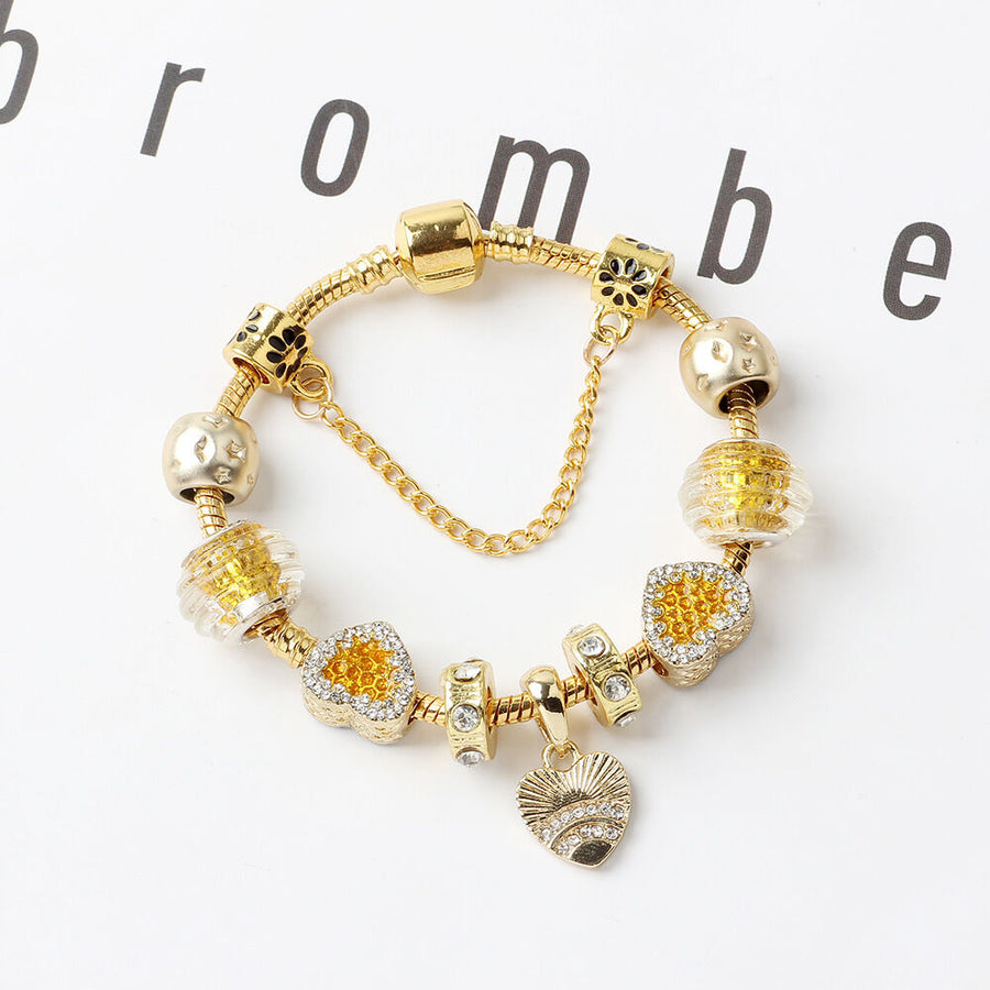 Golden Rhinestone Heart Charm Beaded Snake Chain Bracelet(20cm)