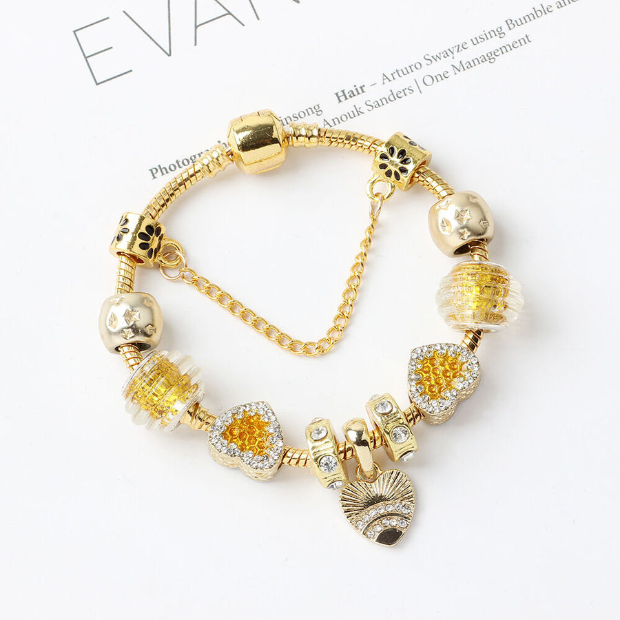 Golden Rhinestone Heart Charm Beaded Snake Chain Bracelet(20cm)