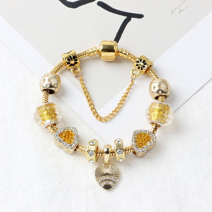 Golden Rhinestone Heart Charm Beaded Snake Chain Bracelet(20cm)