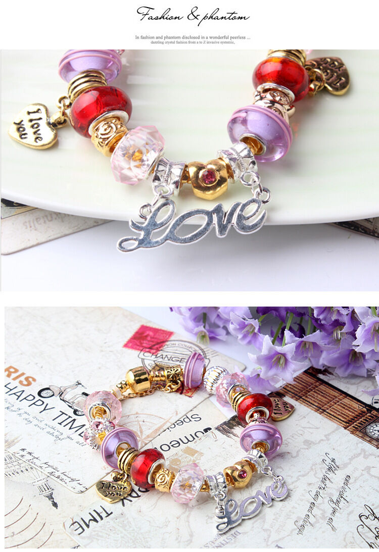 Love-Themed Beaded Bracelet with Crystal & Letter Pendant(19cm)