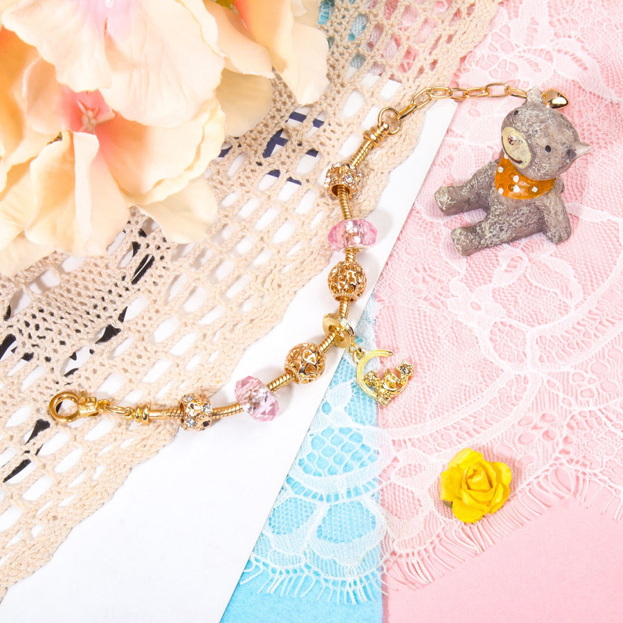 Sweet Style Crystal Rhinestone Gold Star Moon Pendant Cute Pink Bead Bracelet(16cm)