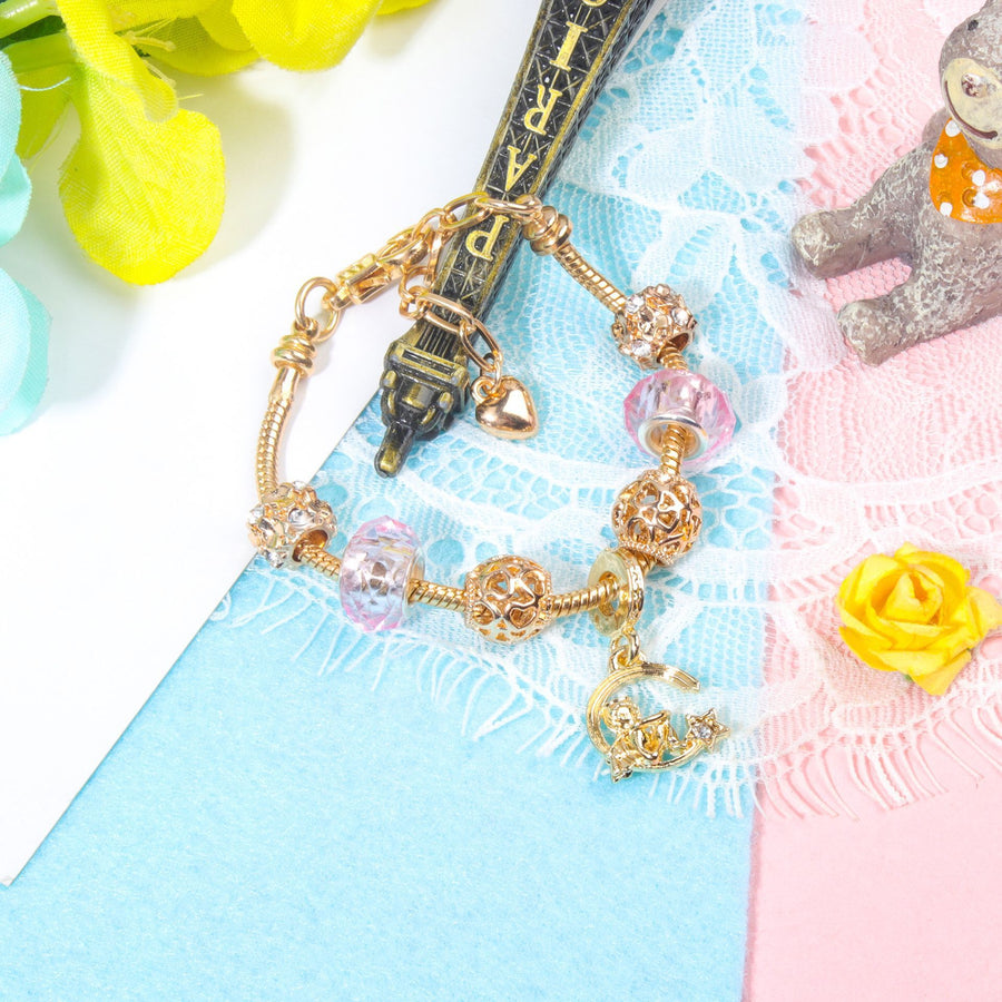 Sweet Style Crystal Rhinestone Gold Star Moon Pendant Cute Pink Bead Bracelet(16cm)