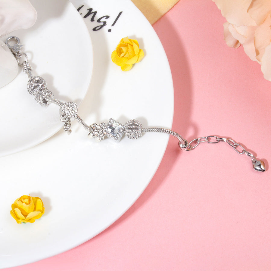 Adjustable Lobster Clasp Bracelet with Zircon Hollow Ball, Square, Flower & Heart Key Charms(16cm)