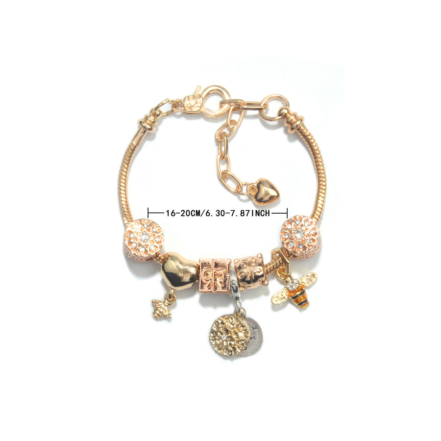 Golden Heart & Bee Charm Bracelet with Rhinestones, Hollow Flower & Gift Box Beads(17cm)