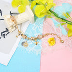 Golden Heart & Bee Charm Bracelet with Rhinestones, Hollow Flower & Gift Box Beads(18cm)