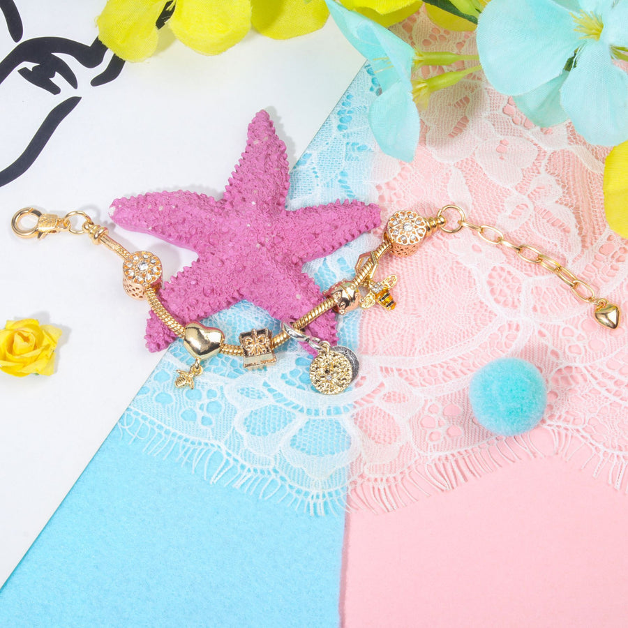 Golden Heart & Bee Charm Bracelet with Rhinestones, Hollow Flower & Gift Box Beads(18cm)