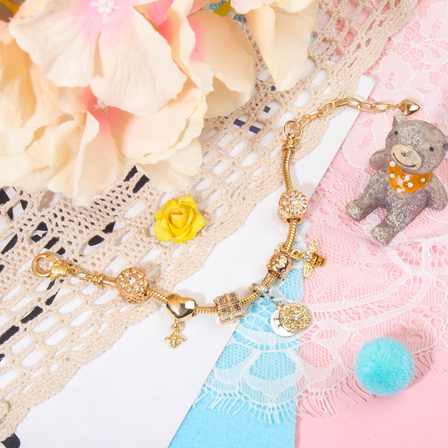 Golden Heart & Bee Charm Bracelet with Rhinestones, Hollow Flower & Gift Box Beads(18cm)