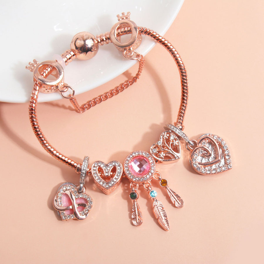Rose Gold Bracelet with Pink Heart Charms & Crystal Rhinestones(17cm)