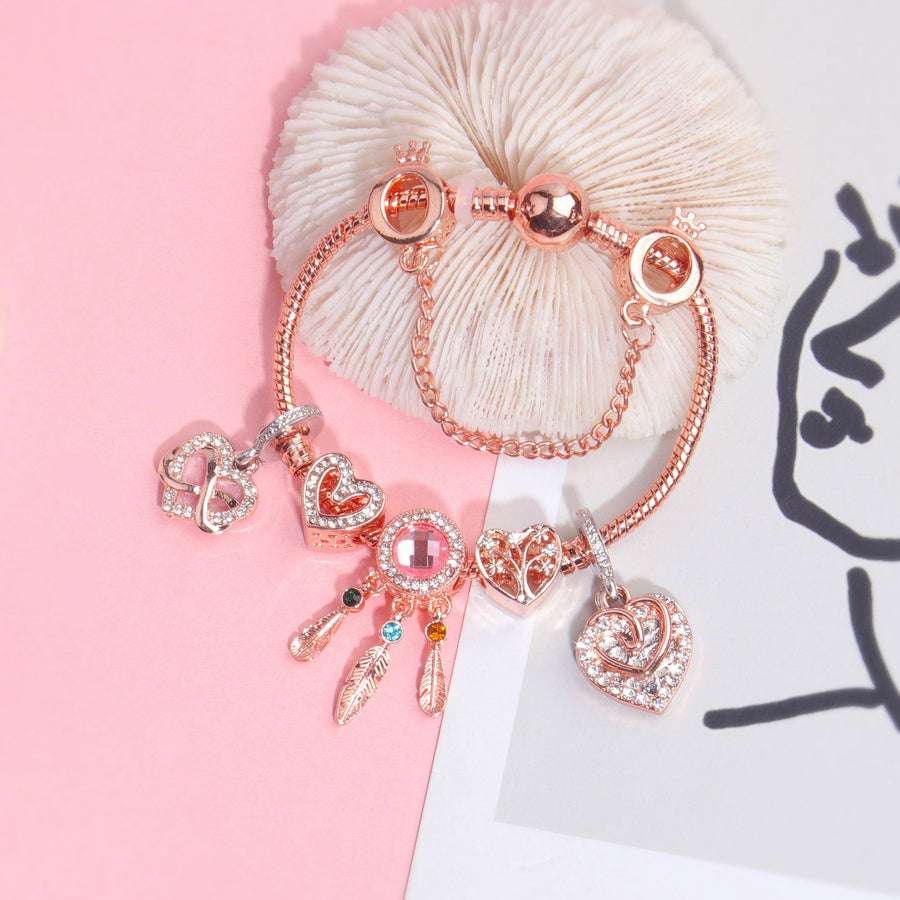 Rose Gold Bracelet with Pink Heart Charms & Crystal Rhinestones(18cm)