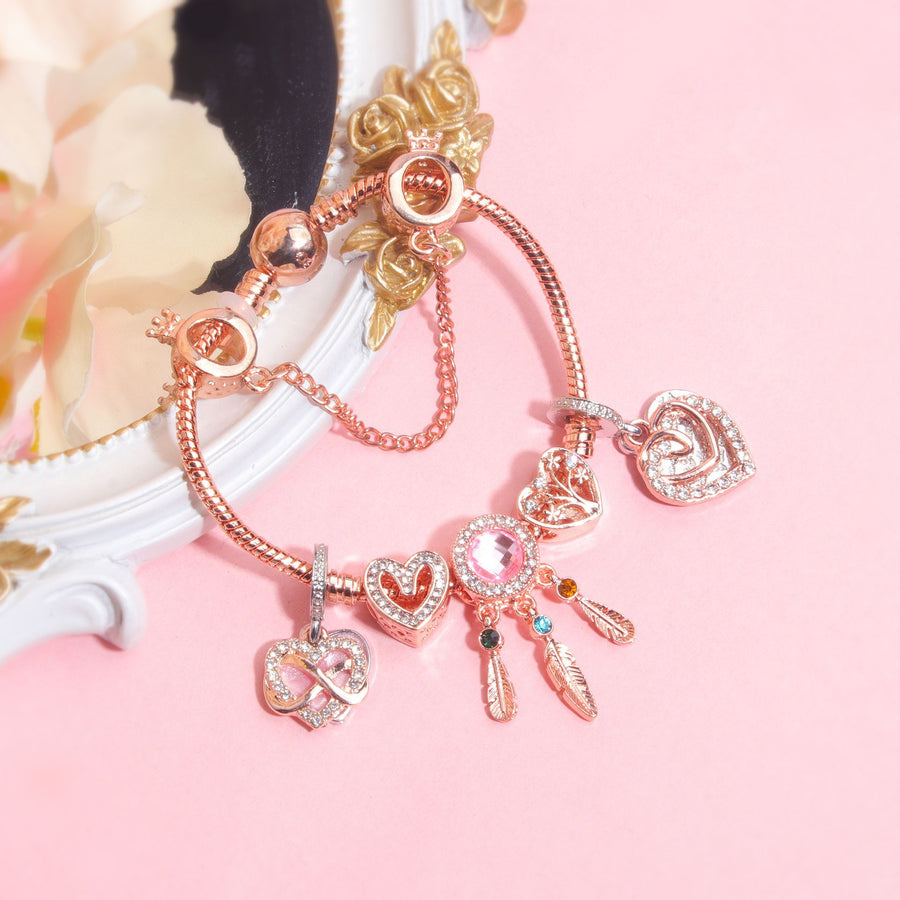 Rose Gold Bracelet with Pink Heart Charms & Crystal Rhinestones(18cm)