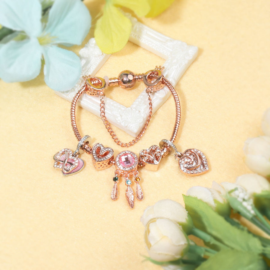 Rose Gold Bracelet with Pink Heart Charms & Crystal Rhinestones(18cm)